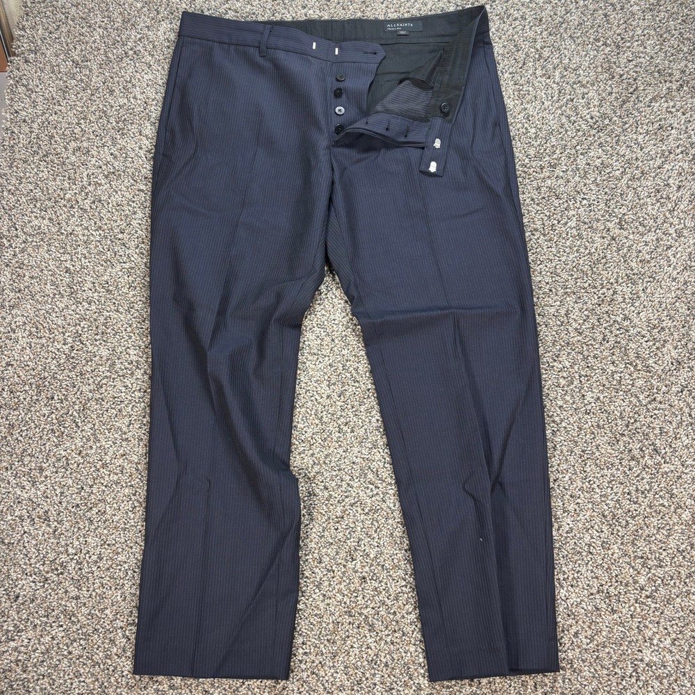 AllSaints Thirty Six Men's 36x30 Navy Pinstripe Wool Blend Button Fly Trousers